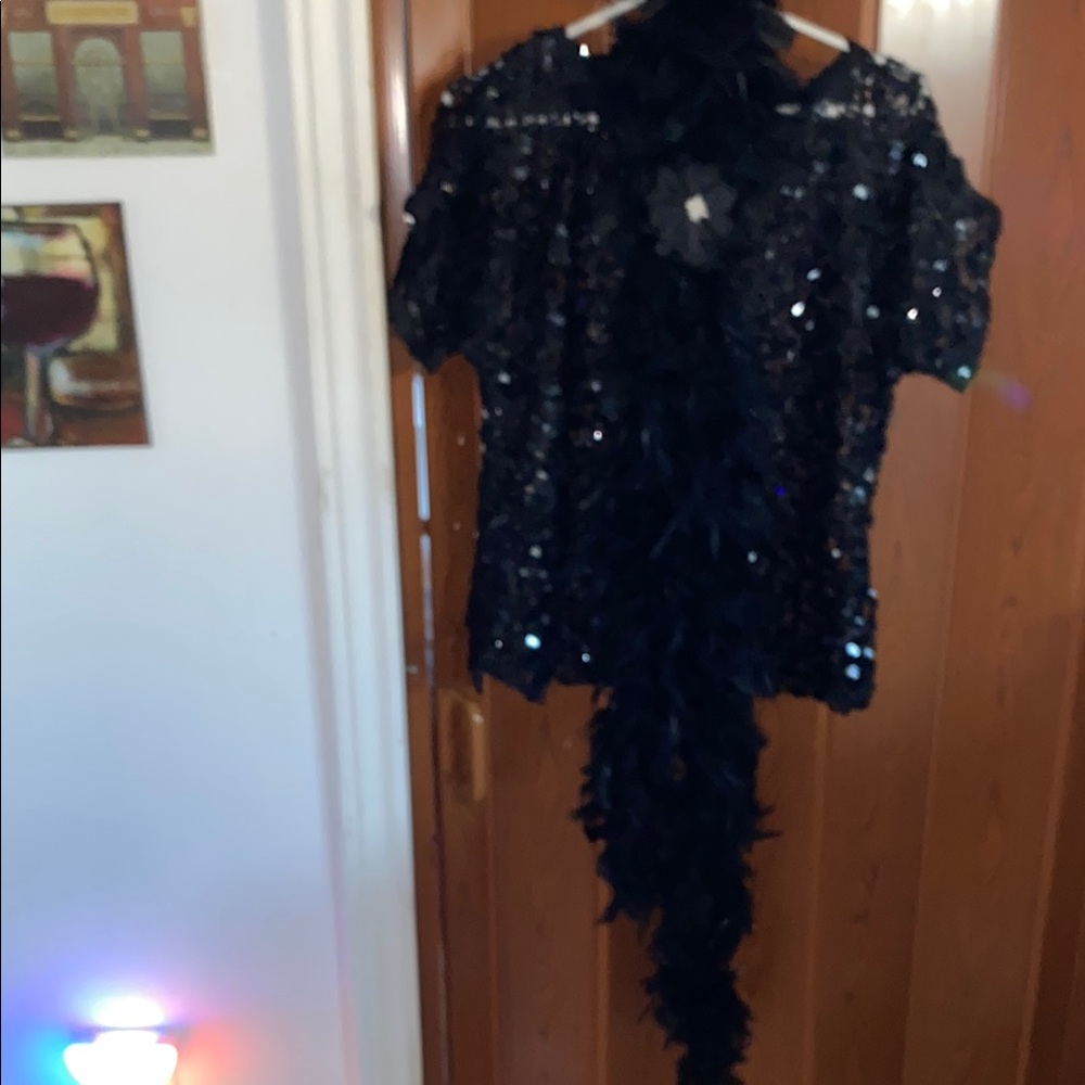 Vintage Black Sequin Top with Feather Boa